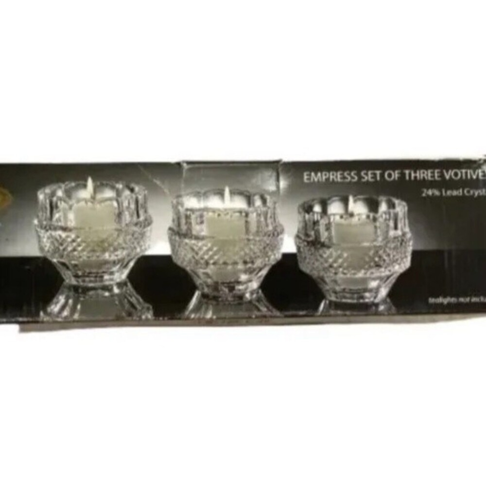 SHANNON CRYSTAL SET OF 3  "VOTIVES"  BY GODINGER 24% LEAD CRYSTAL NEW IN BOX